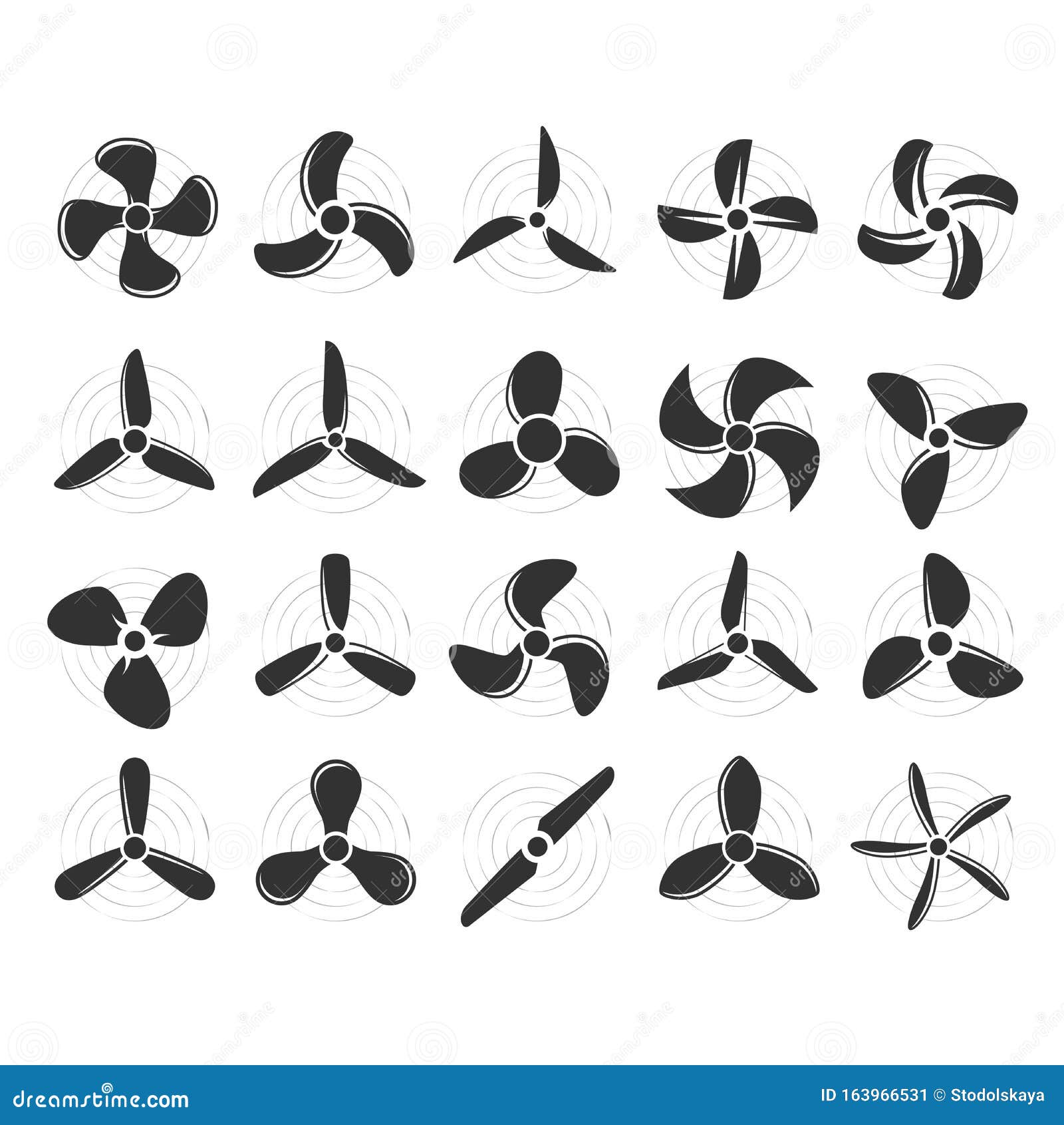 plane propellers set - fan, rotor mover, aircraft propeller icons, wind fan rotating prop, airscrew