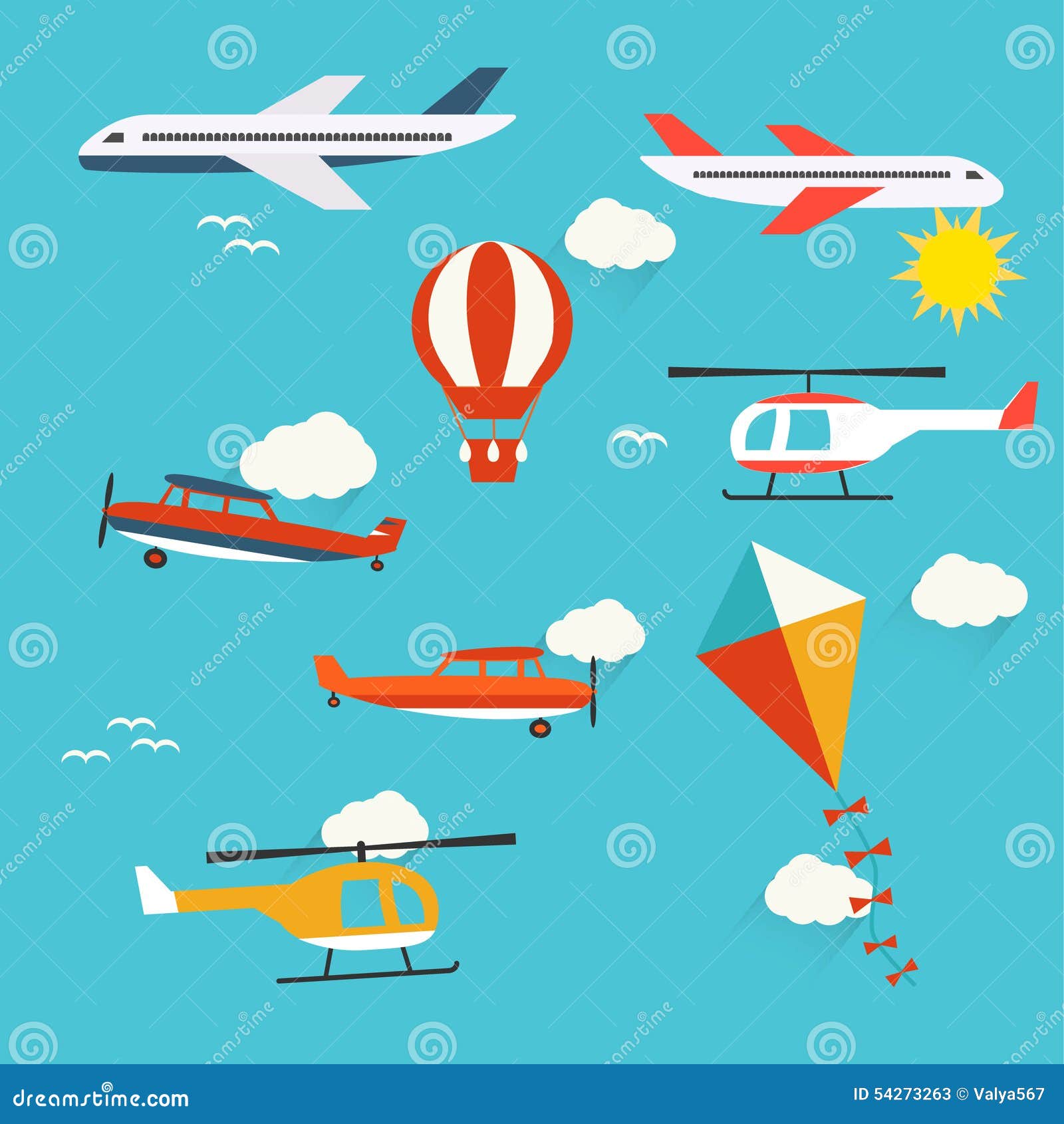 planes, helicopters, hot air balloon and kite