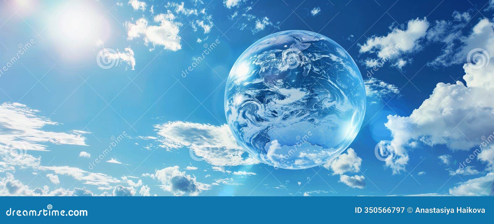 planet earth enclosed in a transparent sphere floating in a bright blue sky with fluffy white clouds and sunlight, izing