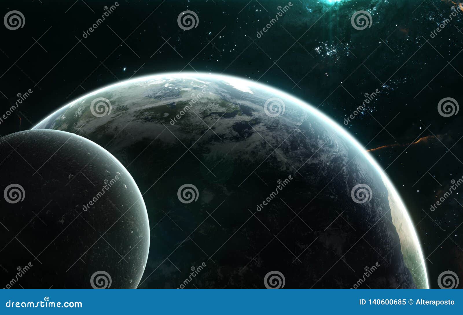 Planet Earth And Moon In Turquoise Light Solar System
