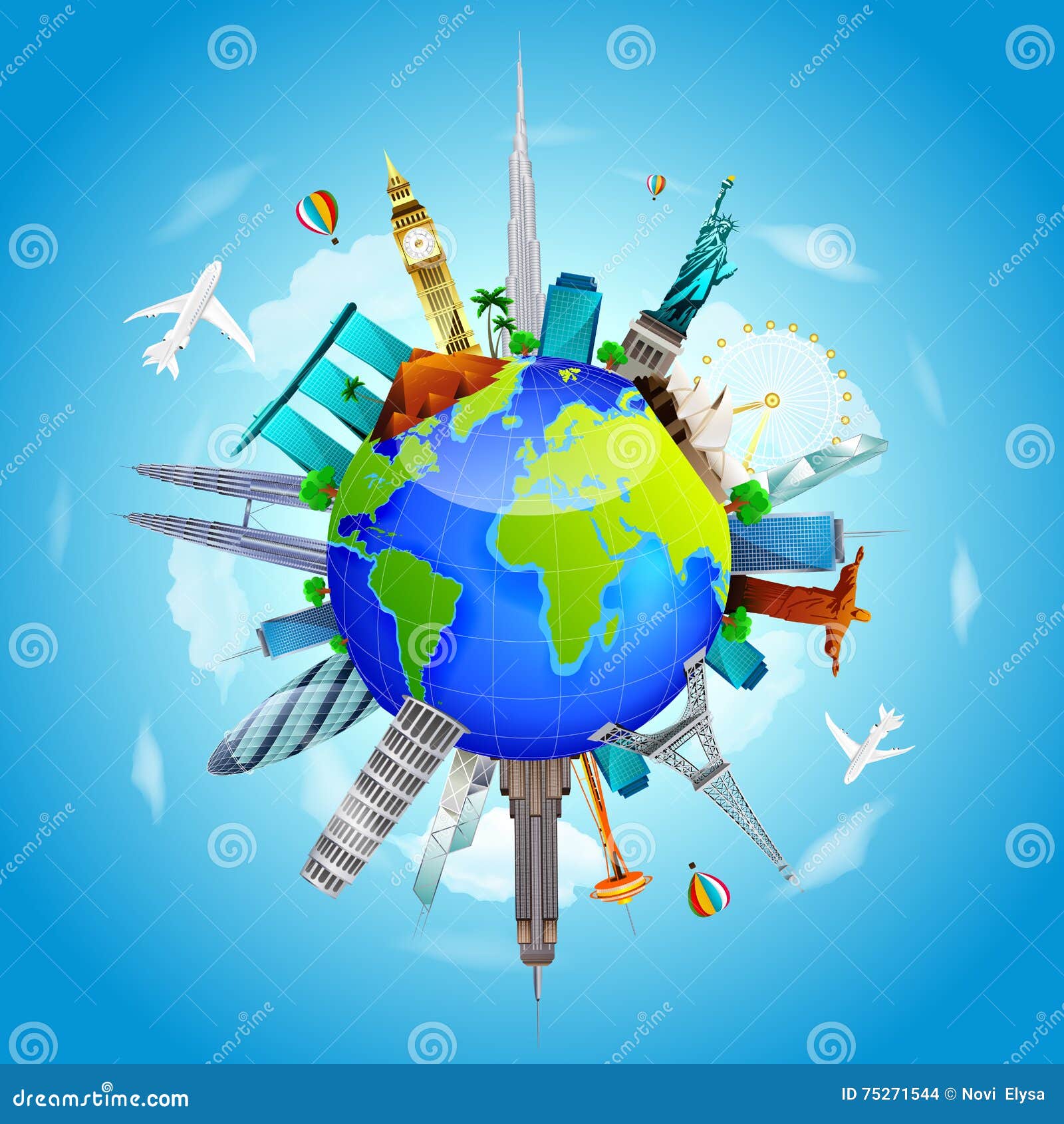 Planet Earth Travel the World Concept on Blue Skyline Background Stock ...