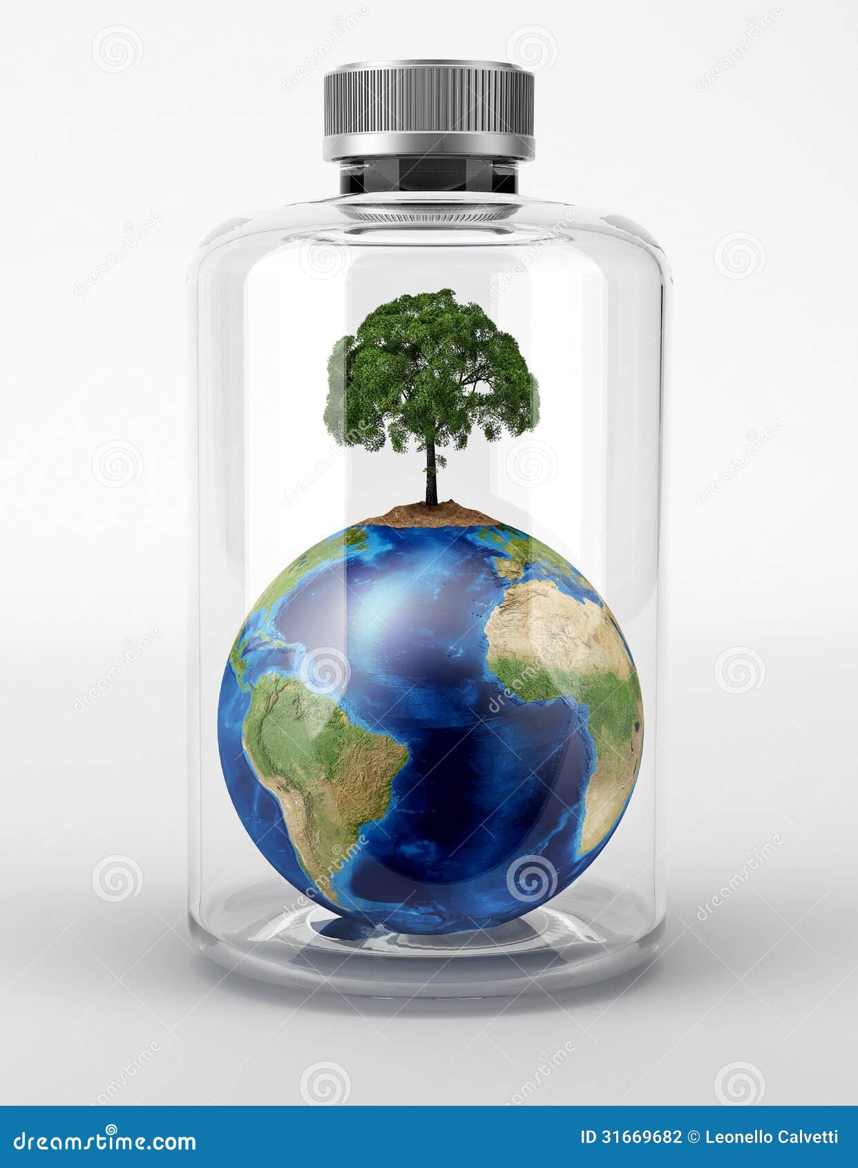 Earth With A Tree On Top, Inside A Glass Bottle. Stock