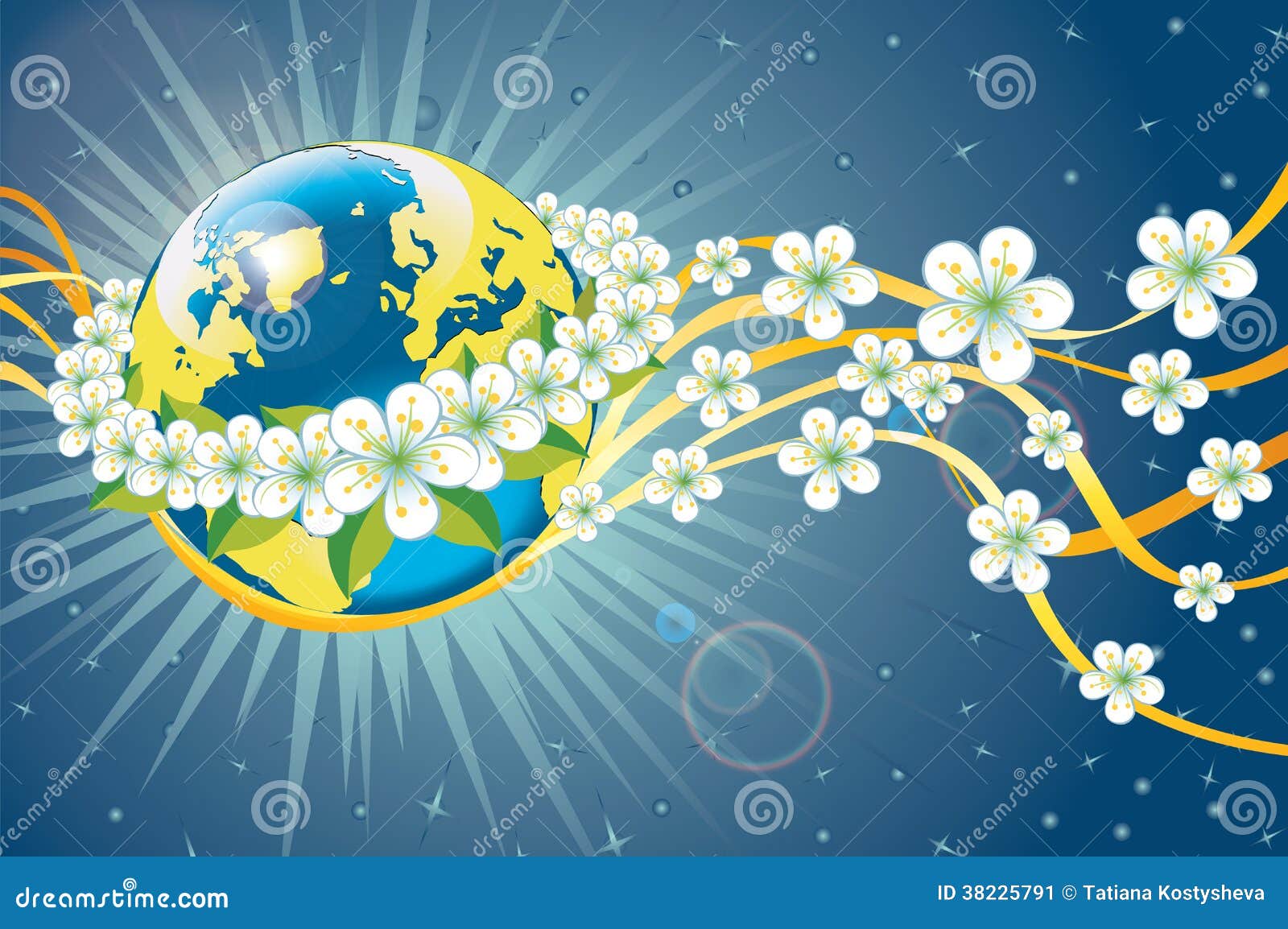 Earth in Wreath of Spring Flowers and Ribbo Stock Vector
