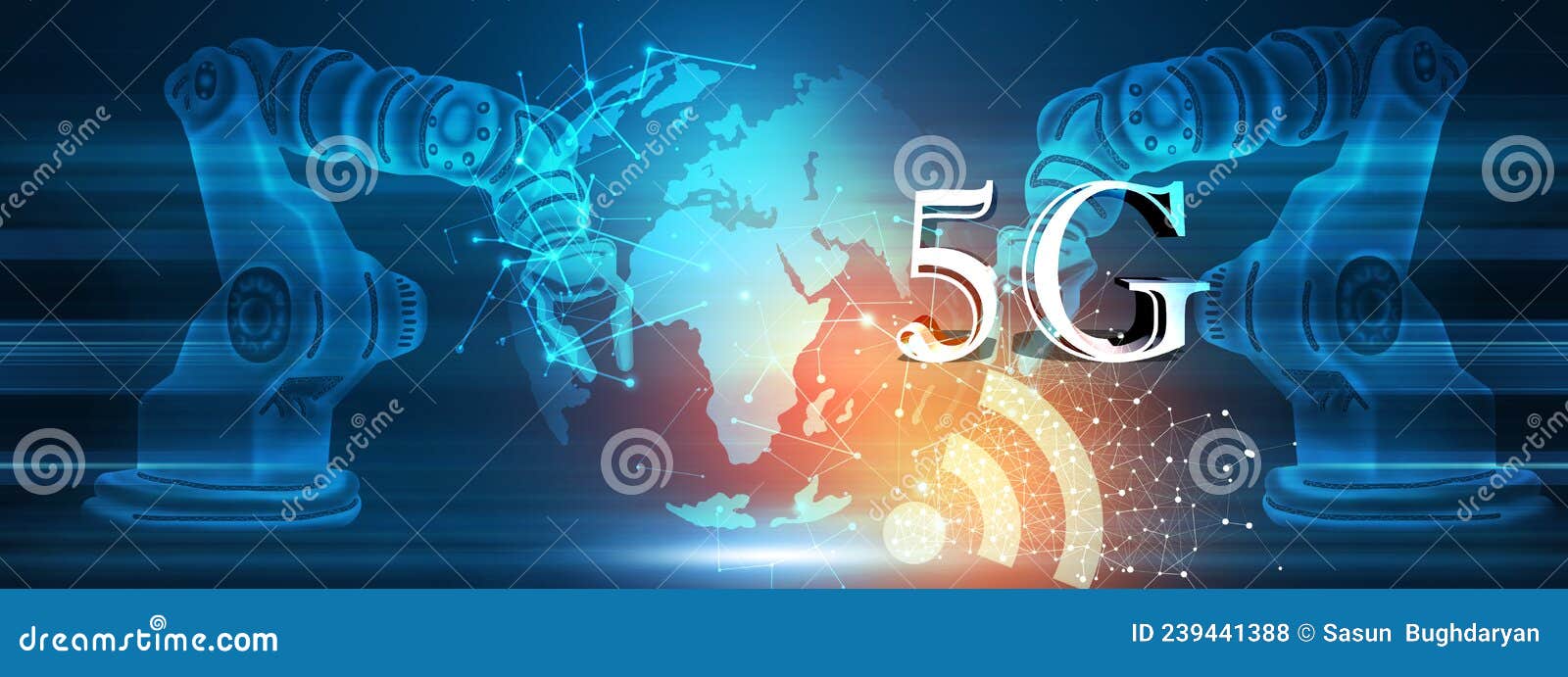 planet and 5g on the background of robotics