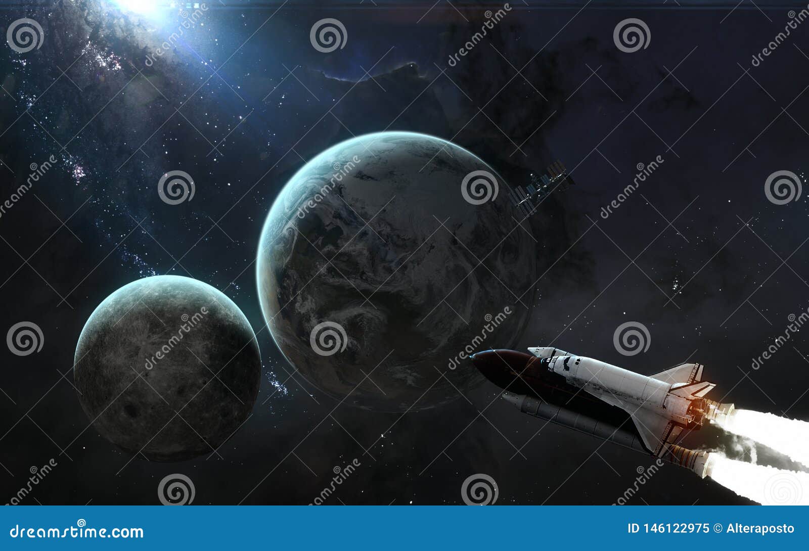 Planeten Erde Mondruckseite Raumfahre Iss Sonnensystem Im Blaulicht Zukunftsromankunst Stock Abbildung Illustration Von Kugel Glare 146122975