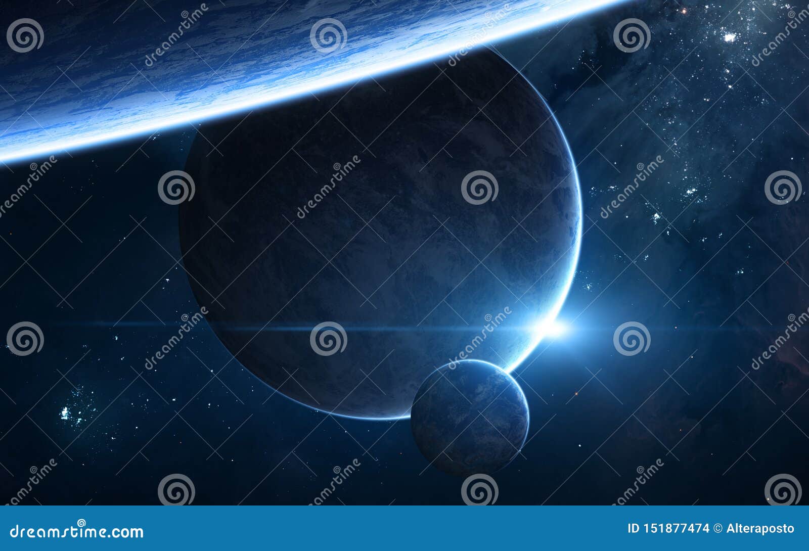 planets in deep space. blue star eclipse. science fiction