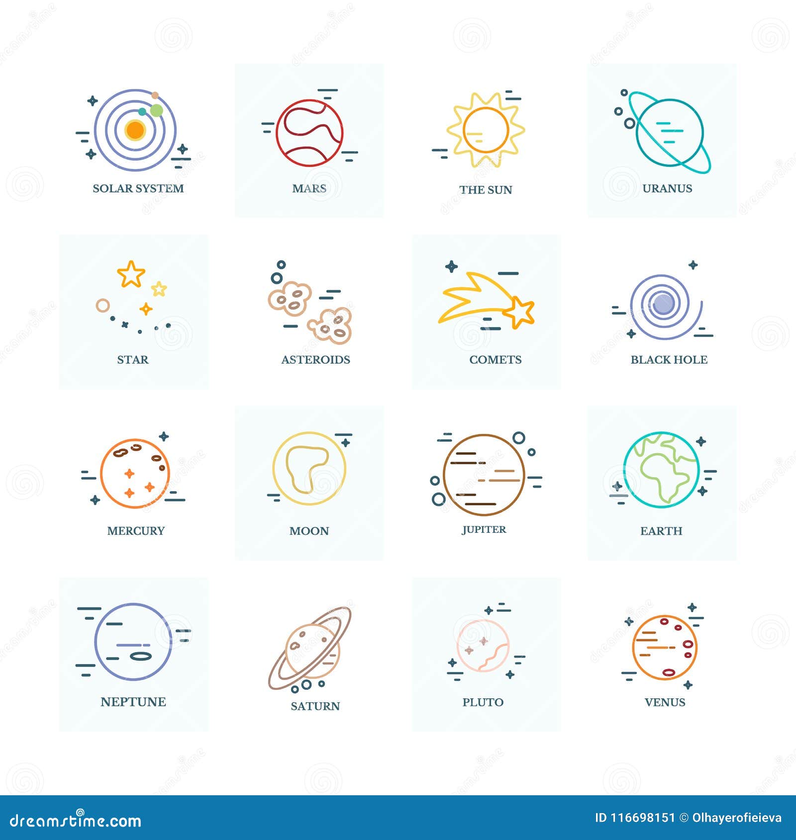 Planets Solar System in Linear Style. Stock Vector - Illustration of