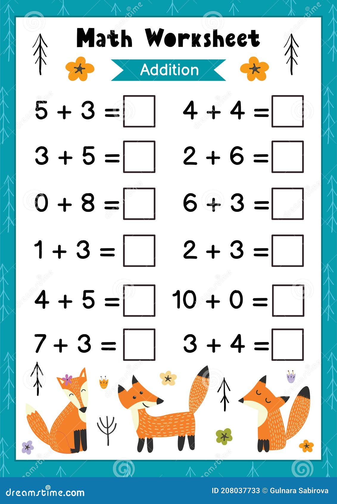 Planilha de adição para criança. jogo educativo para o ensino fundamental.  matemática para crianças