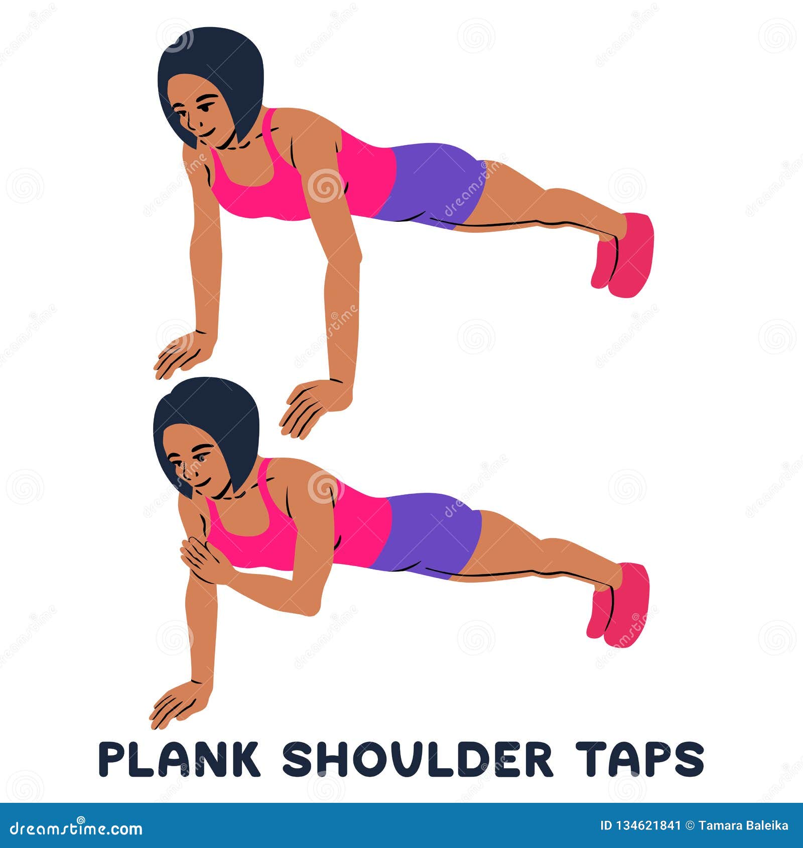 Yoga full-body 5-minute workout training set. Young woman planking exercise  isolated. Vector flat style illustration Stock Vector