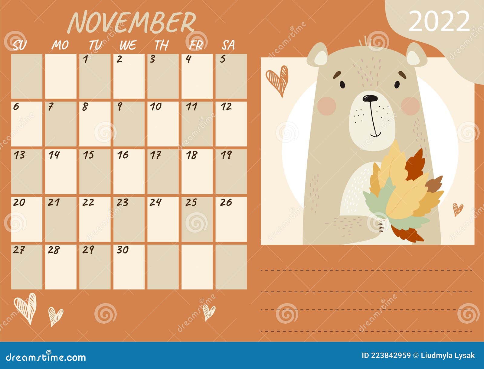 Nov 2022 Calendar Planner Calendar Template For November 2022. Cute Teddy Bear With A Bouquet  Of Autumn Leaves. Vector Illustration. Week From Stock Vector -  Illustration Of Kids, Collection: 223842959