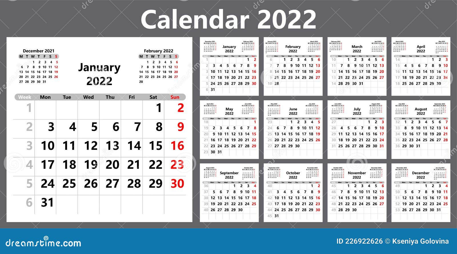 Numbered Week Calendar 2022 Planner Calendar For 2022 With Week Numbers. Template For A Wall Calendar  For A Company Stock Vector - Illustration Of Number, Month: 226922626