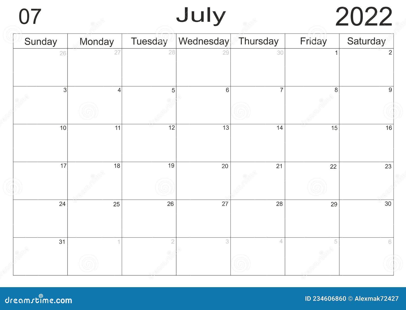 planner july 2022. empty cells of planner. monthly organizer. calendar 2022