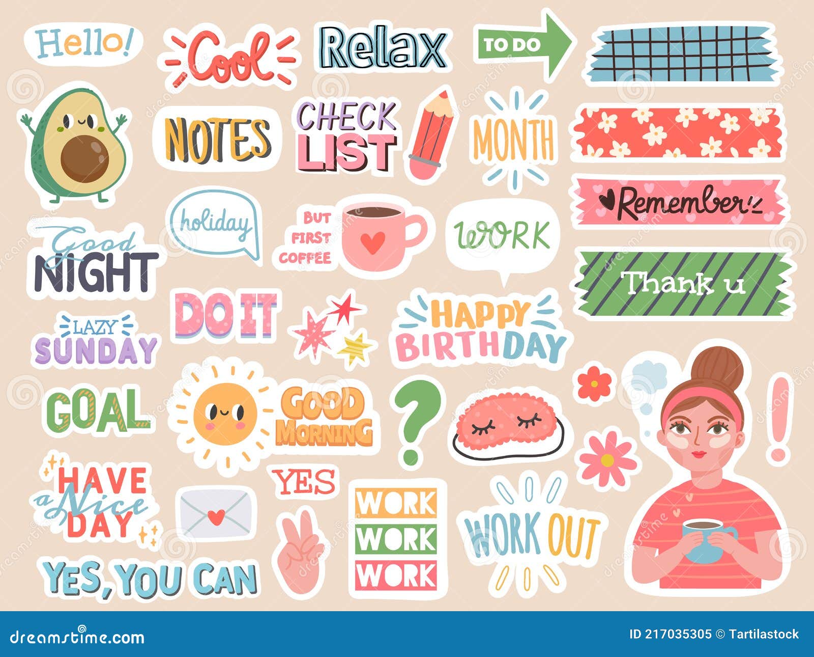 Planner Stickers. Cartoon Characters and Motivation Notes for Diary, To Do  List or Scrapbook Decoration Stock Vector - Illustration of scrapbook,  night: 217035305