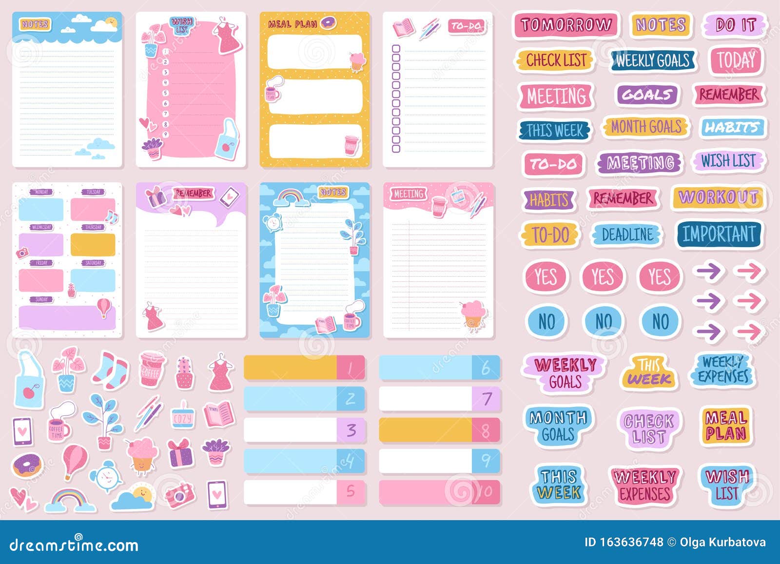 planner and stickers. organized daily notebooks, diary agenda reminder. check lists calendar cards, weekly labels