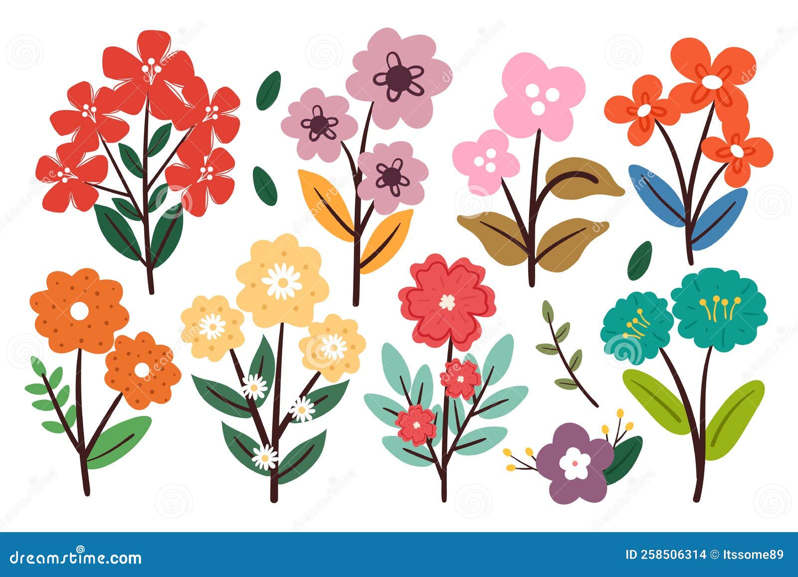Hand Drawing Cartoon Flower Sticker Set Stock Vector Illustration of