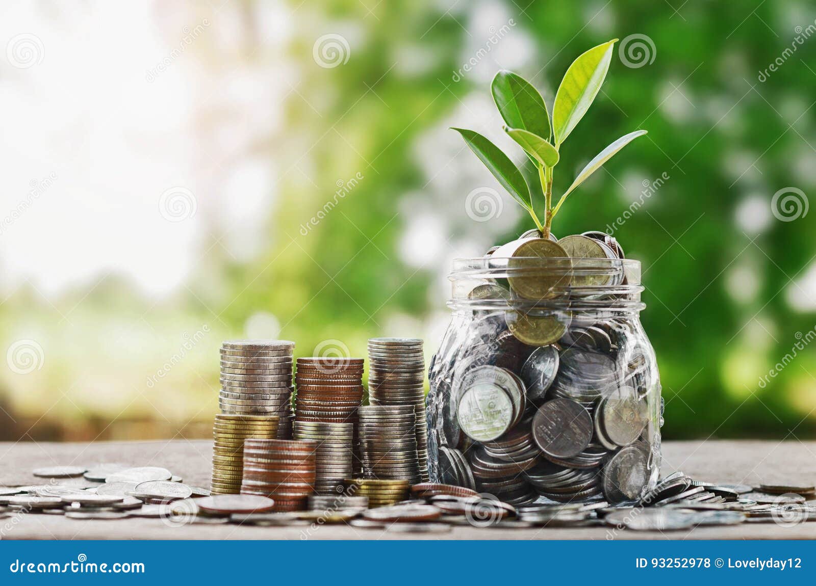 plant growing coins in glass jar with investment financial conc