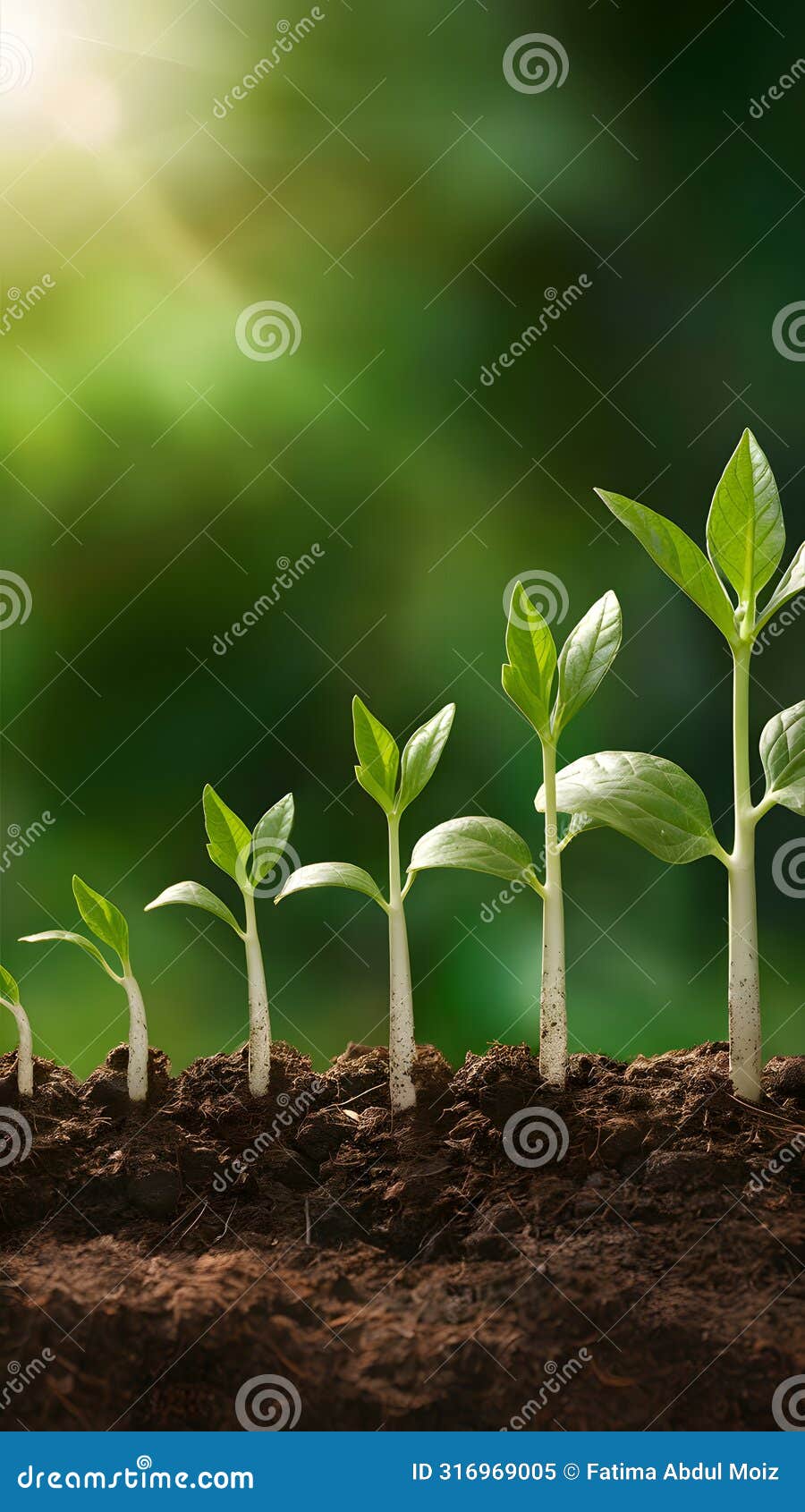 plant growth in rich soil against blurred green background, progressing from sprout to maturity