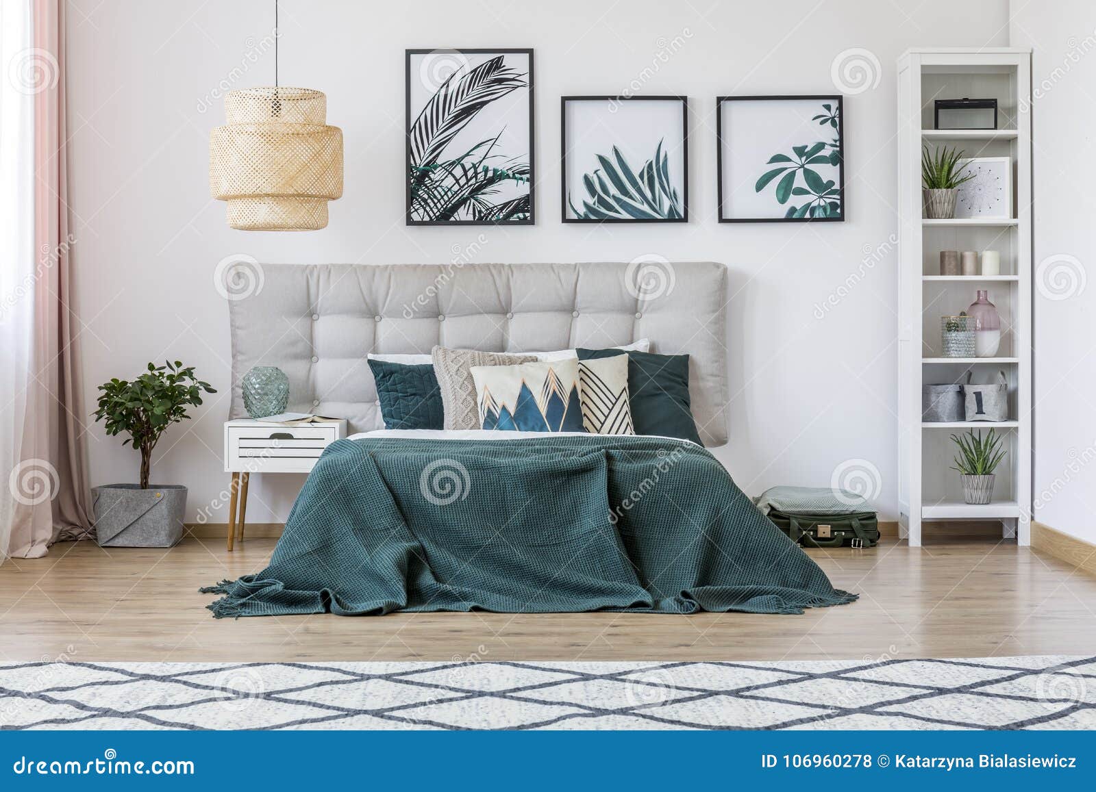 Rattan Lamp In Green Bedroom Stock Photo Image Of Cushions