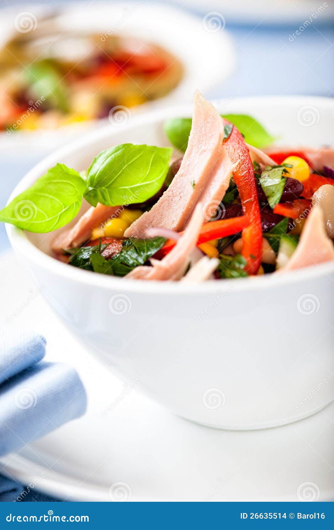 Sluit omhoog van gemengde plantaardige salade met tonijn en verse kruiden