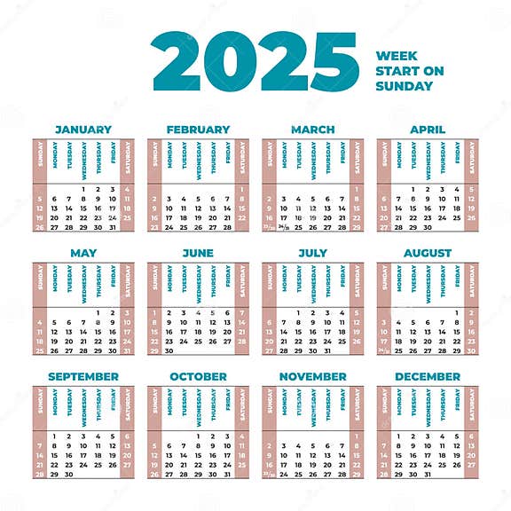 Plantilla De Calendario De 2025 Con Semanas Que Comienzan El Domingo Ilustración del Vector
