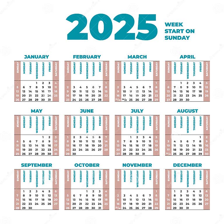 Plantilla de calendario de 2025 con semanas que comienzan el domingo