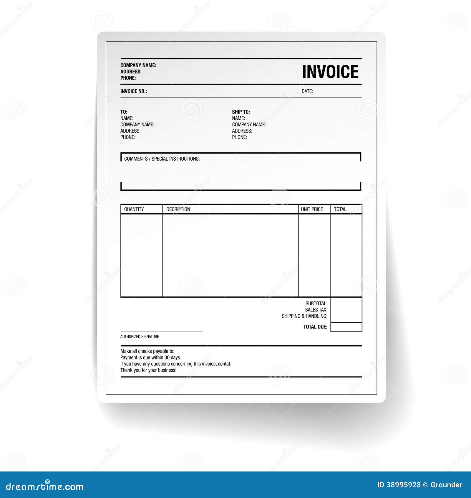 Plantilla de la forma de la factura del impuesto del papel del unfill