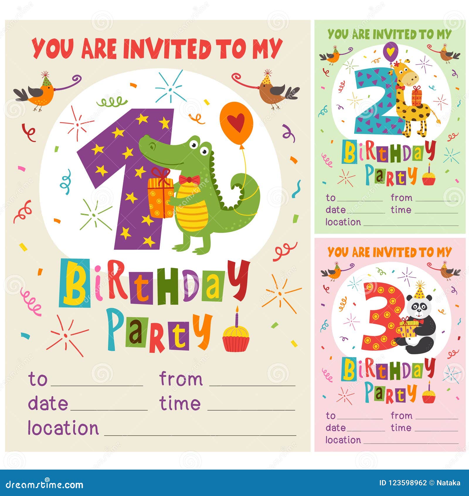 plantilla de invitacion de cumpleaños unisex tarjetas divertidas dibujo de animales Tarjeta de invitacion a fiesta de cumpleaños editable
