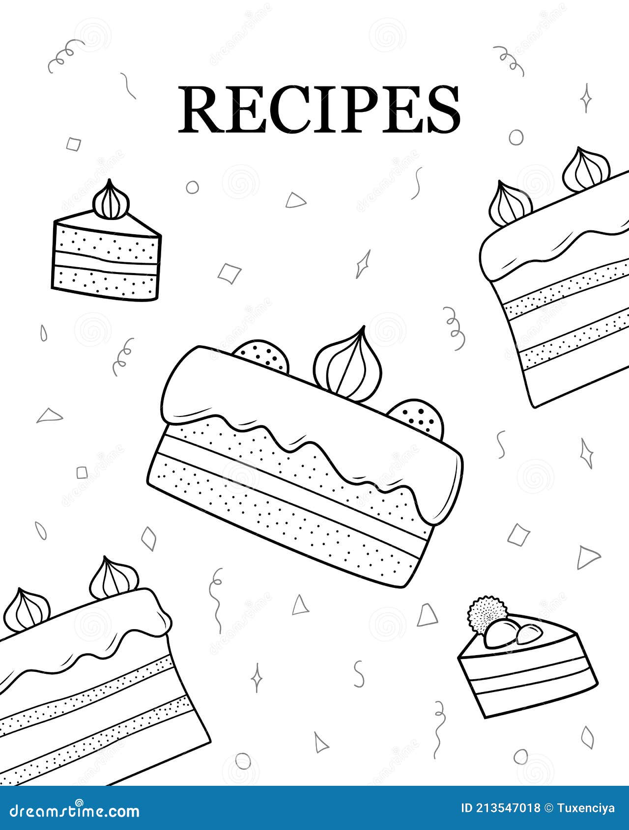 Plantilla De Portada Para Un Cuaderno O Libro Con Una Colección De Recetas.  Pasteles Blancos Y Negros De Confitería. Esquema Aisla Ilustración del  Vector - Ilustración de expedientes, torta: 213547018