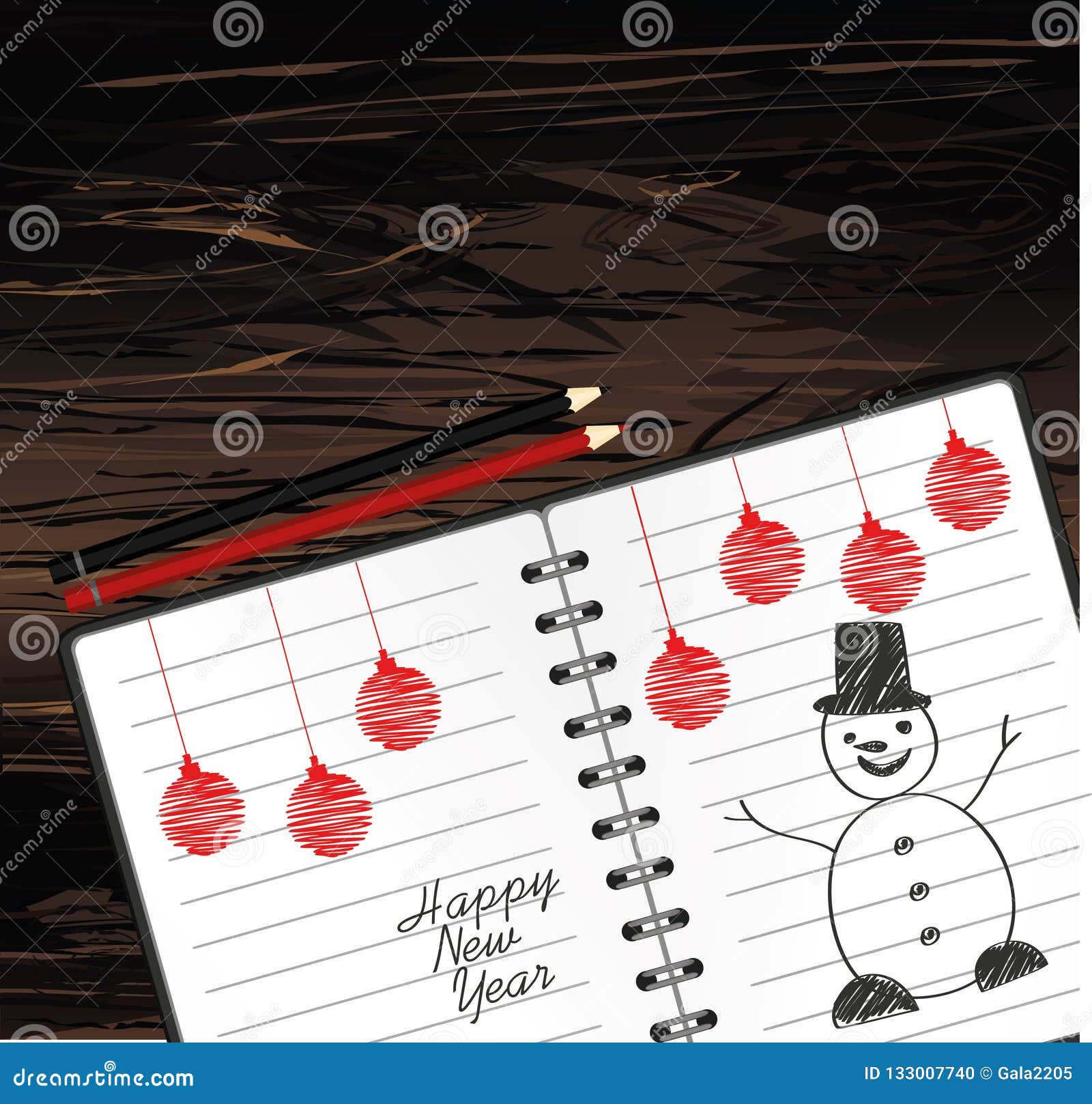 Plantilla Del Cuaderno Con El Muñeco De Nieve De La Navidad Y Bola Y Lápiz  Vector En Fondo De Madera Tarjeta De Felicitación El D Ilustración del  Vector - Ilustración de forma,