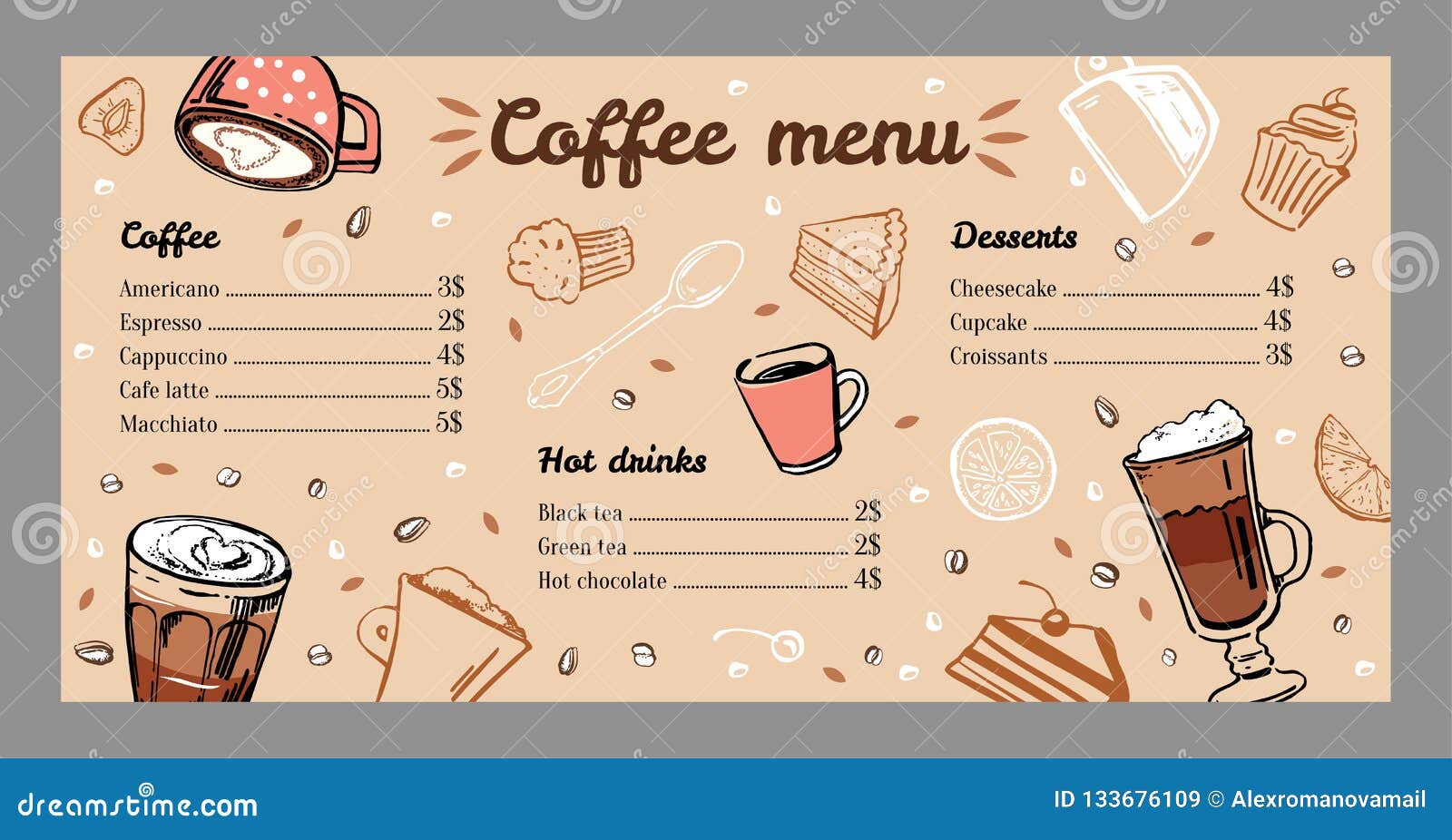 Plantilla Del Diseño Del Menú Del Café Con La Lista De Bebidas Y De Postres  Calientes Ilustración del Vector - Ilustración de capuchino, muestra:  133676109