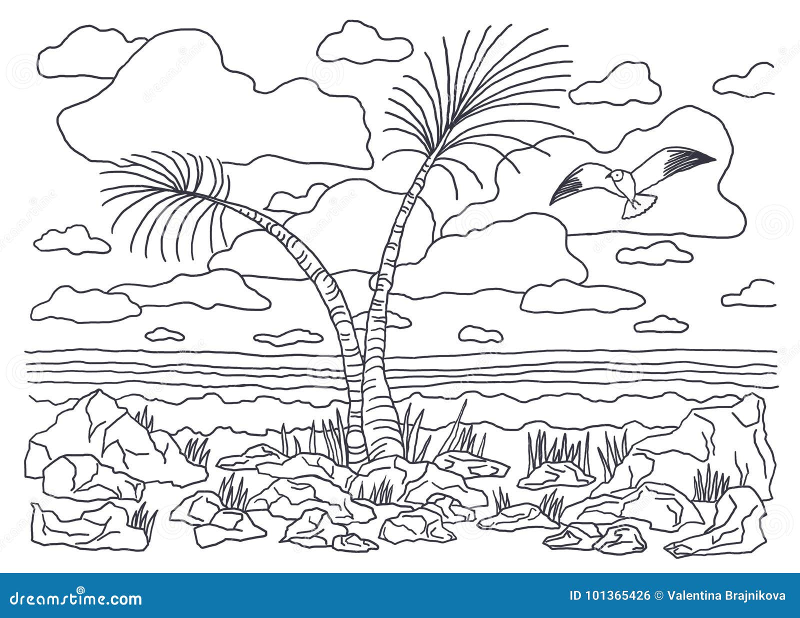 Plantilla Para Colorear Paisaje De La Imagen Que Colorea Con Las Palmeras Y  Las Gaviotas Stock de ilustración - Ilustración de color, costa: 101365426