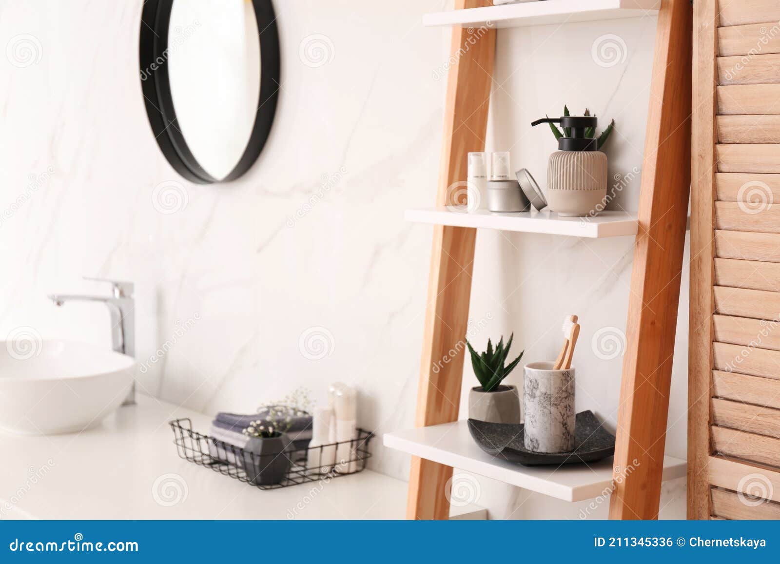 Plants and Different Toiletries on Decorative Ladder in Bathroom. Interior Design Stock Photo ...