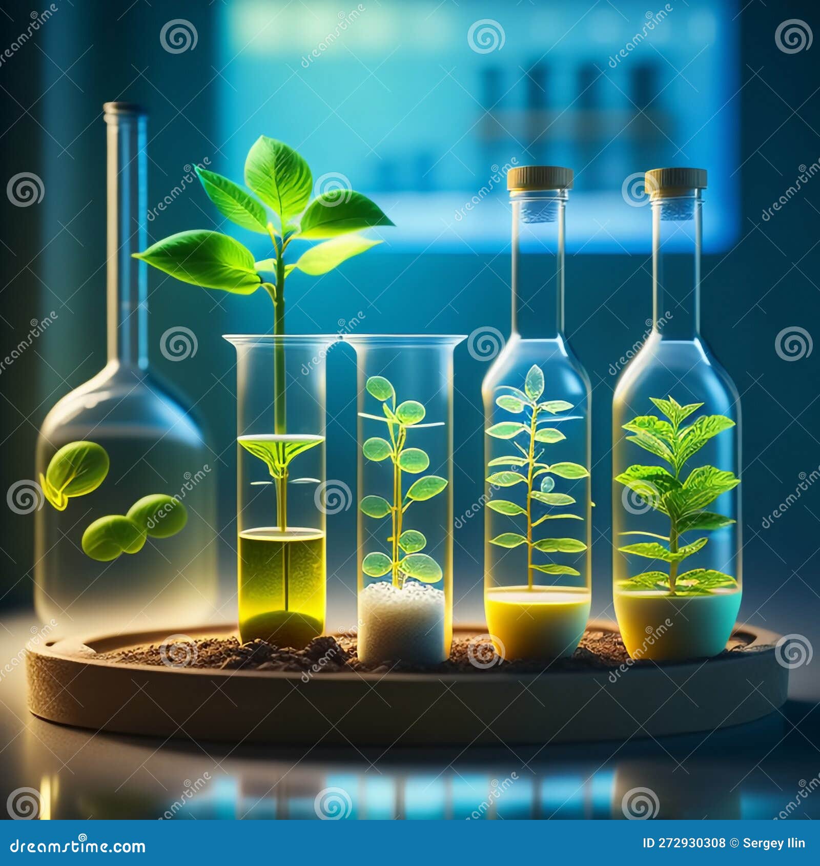 Plants and Flowers in Test Tubes in Laboratory. Generative AI Stock