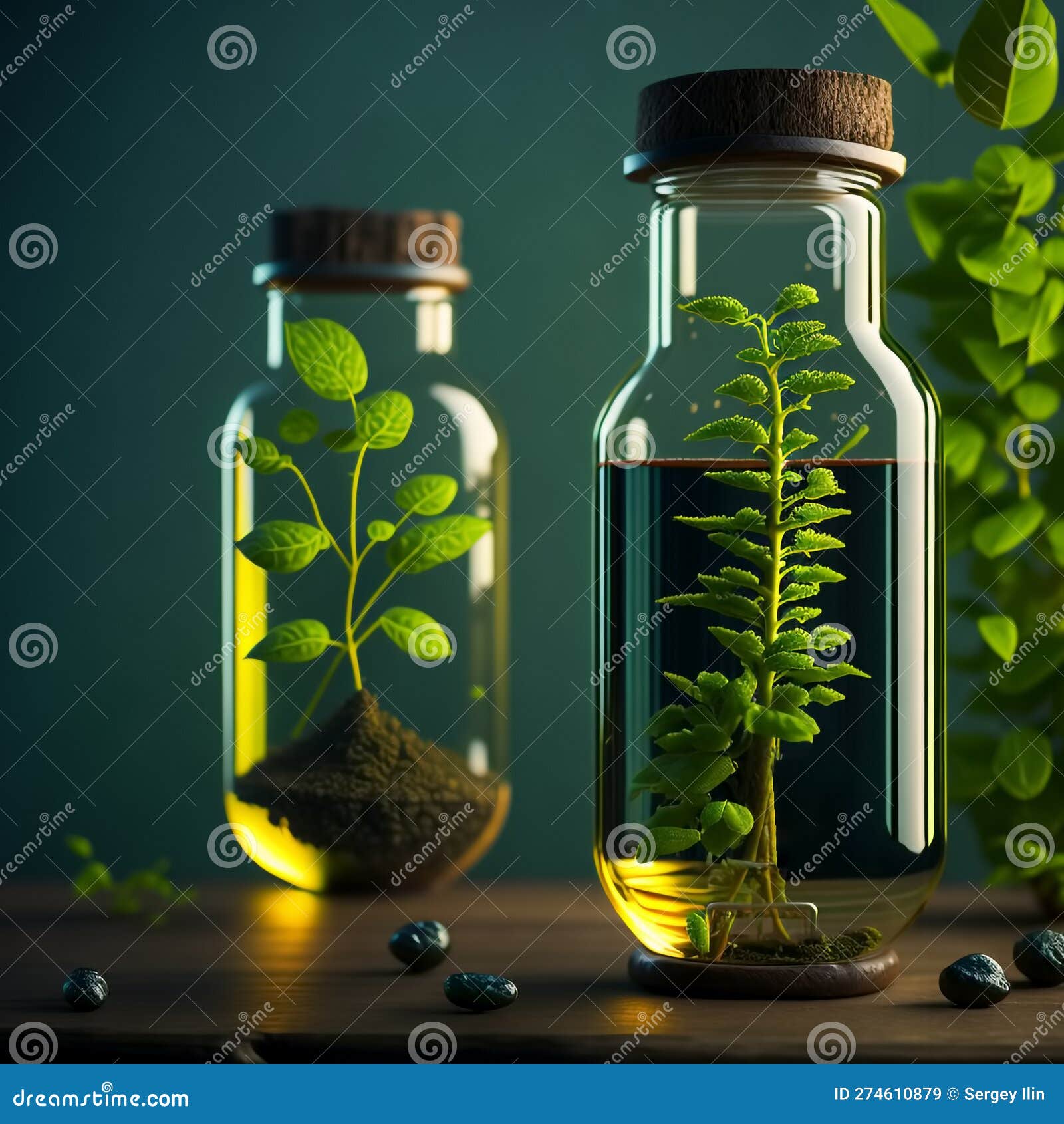 Plants and Flowers in Test Tubes in Laboratory. Generative AI Stock