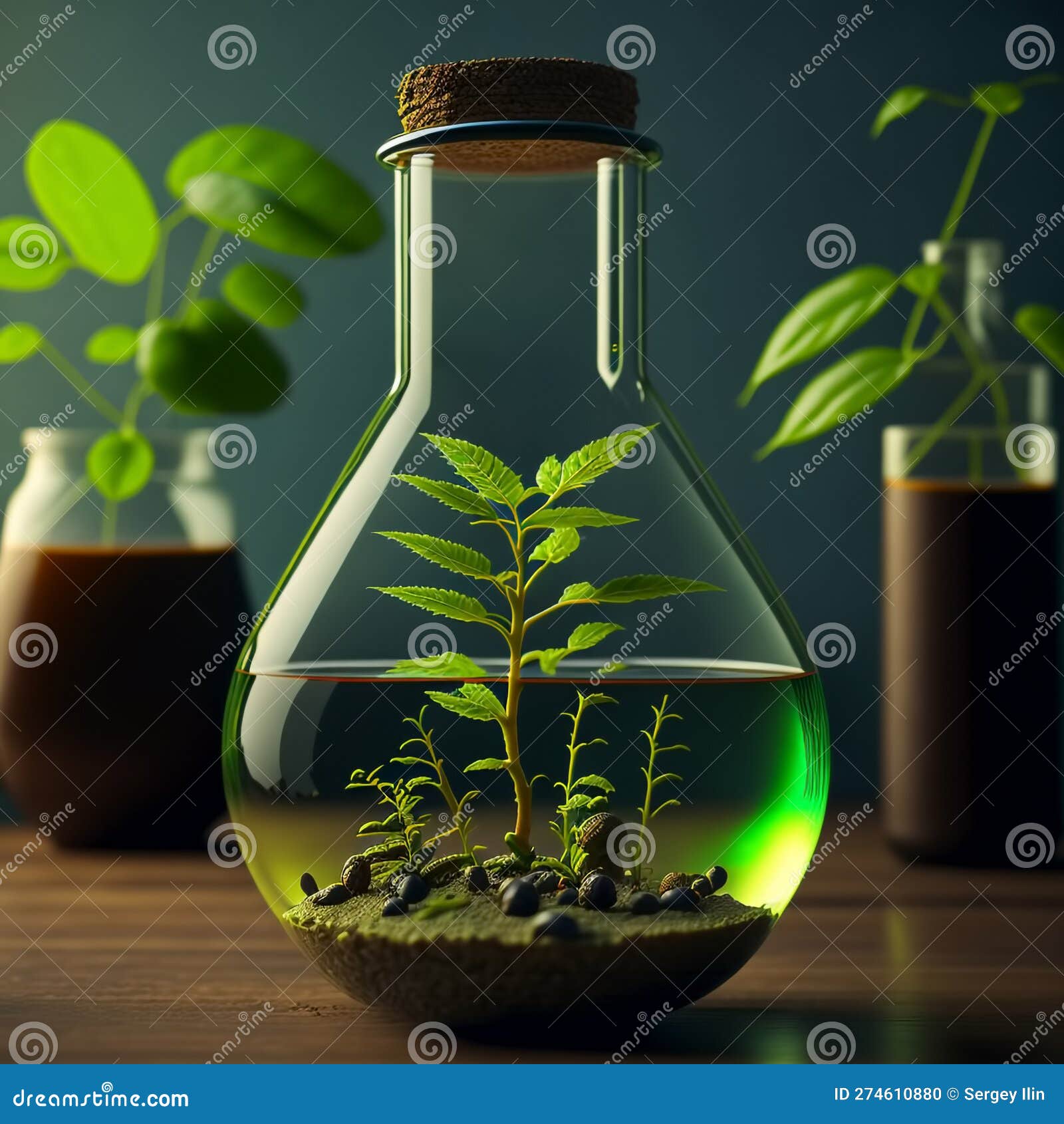 Plants and Flowers in Test Tubes in Laboratory. Generative AI Stock