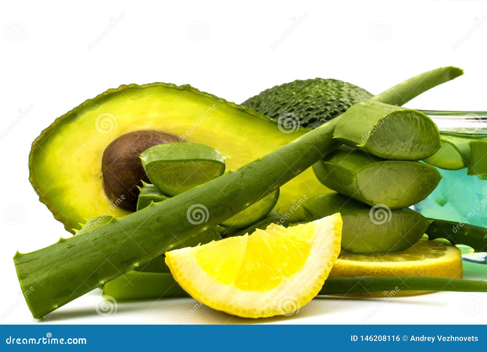 Fresh Aloe Vera Plant Lemon Stem Slices And Gel Avocado Skin