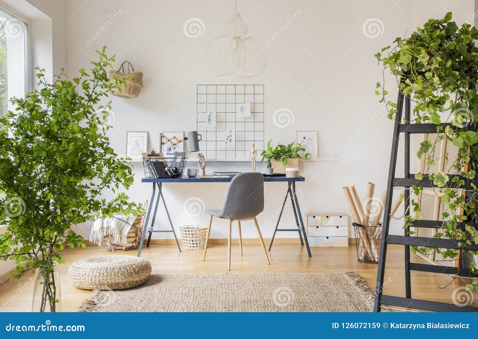 plants in white spacious home office interior with pouf on carpet near grey chair at desk. real photo