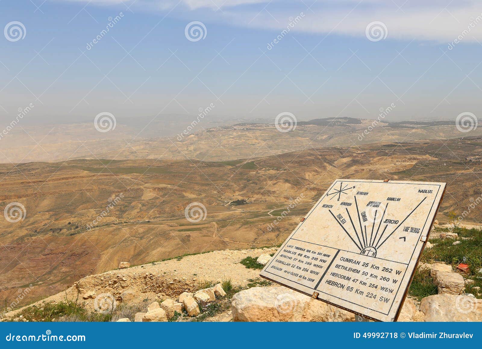 plaque showing the distance from mount nebo to various locations, jordan, middle east