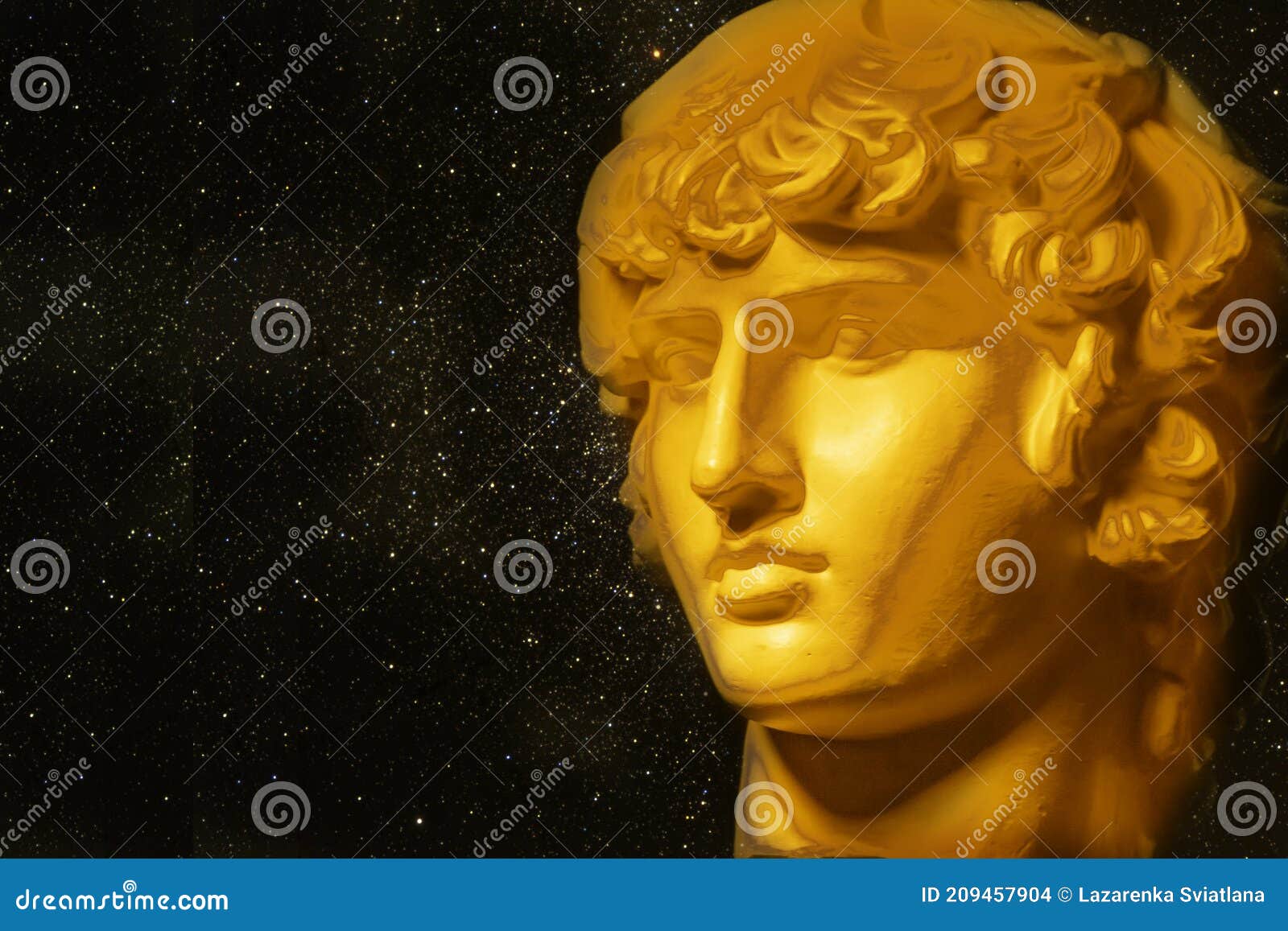 Plaster Decorative Golden Statue of the Head of Apollo Stock Photo