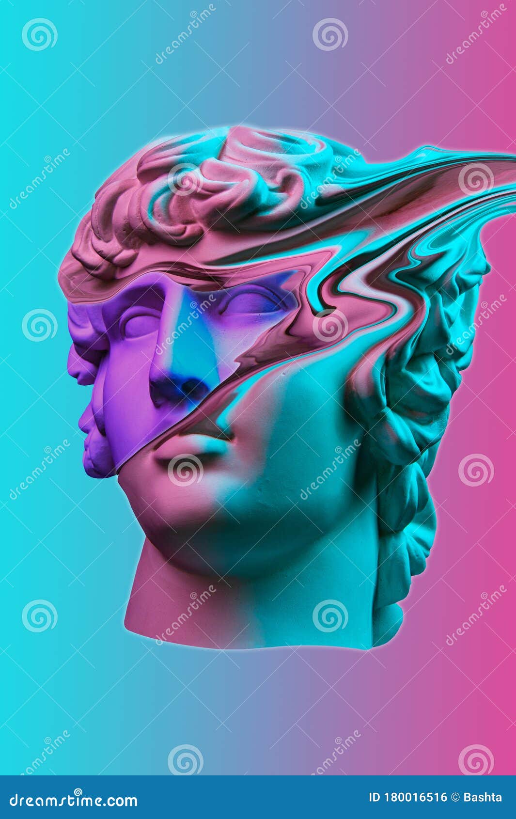 plaster sculpture of young man face in a pop art style. statue of antinous head. creative concept colorful neon image