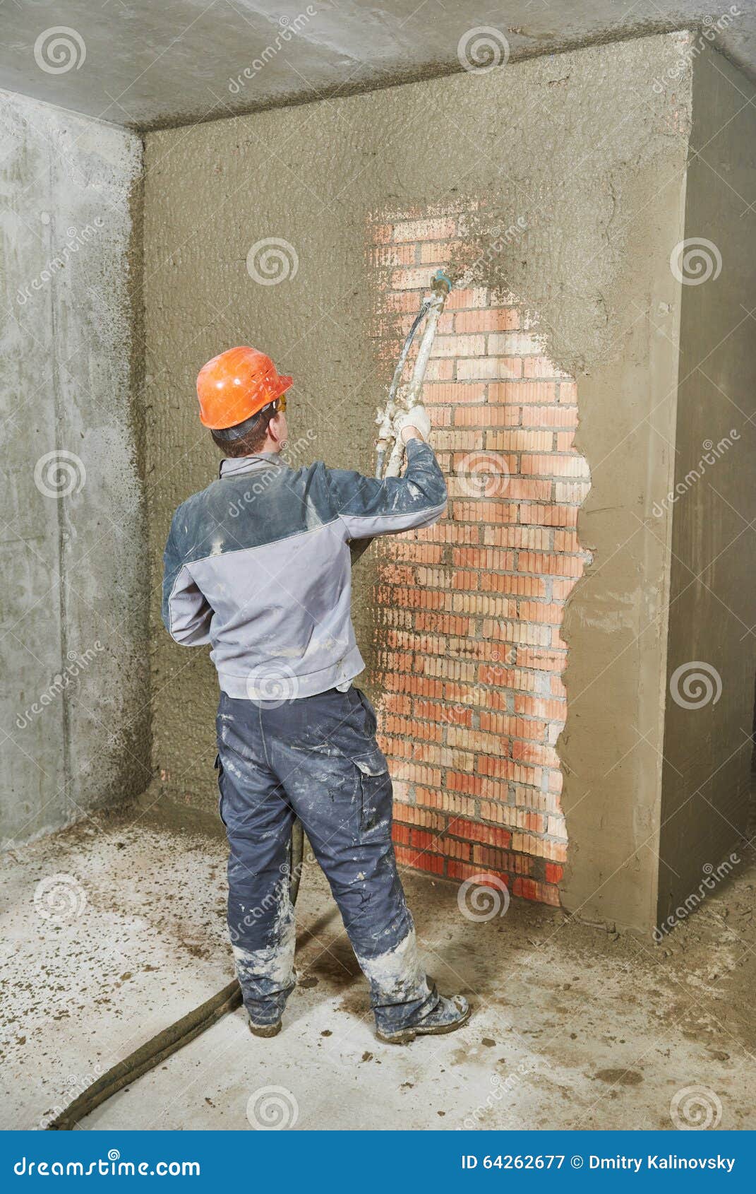 Plasterer Spraying Plaster on Wall Stock Image Image of industry