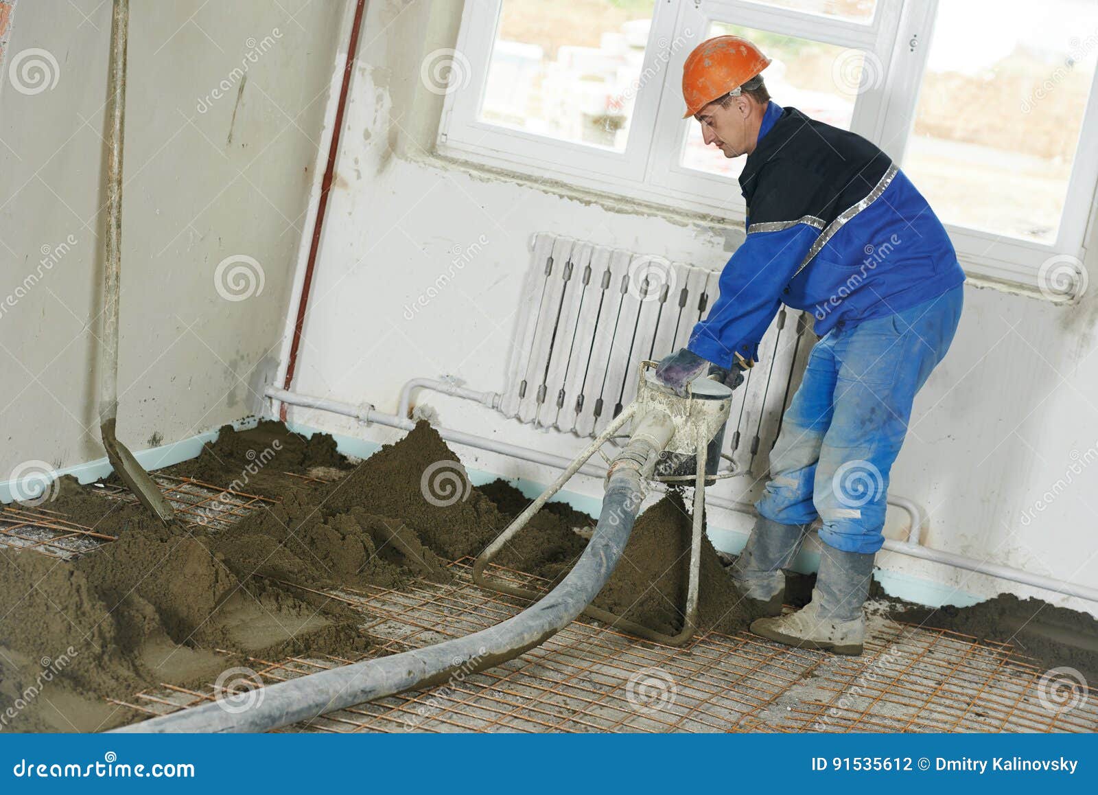 Plasterer Worker at Cement Floor Construction Work Stock Photo Image