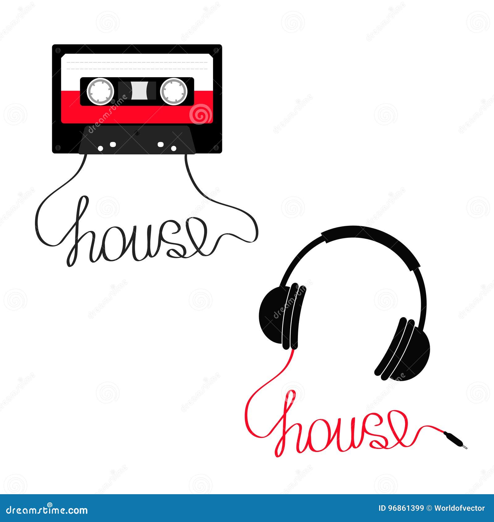 plastic audio tape cassette earphones headphones with cord house. music set. retro icon. recording . 80s 90s years. red col