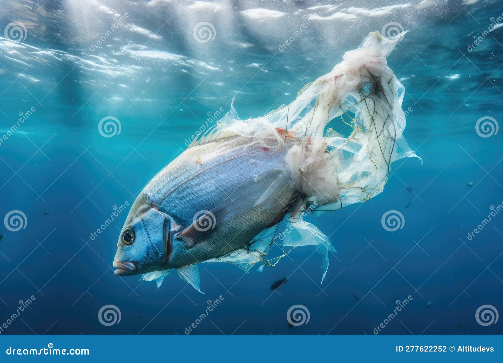 Plastic Bag Caught in Fishing Net, Tangled among Fish Stock