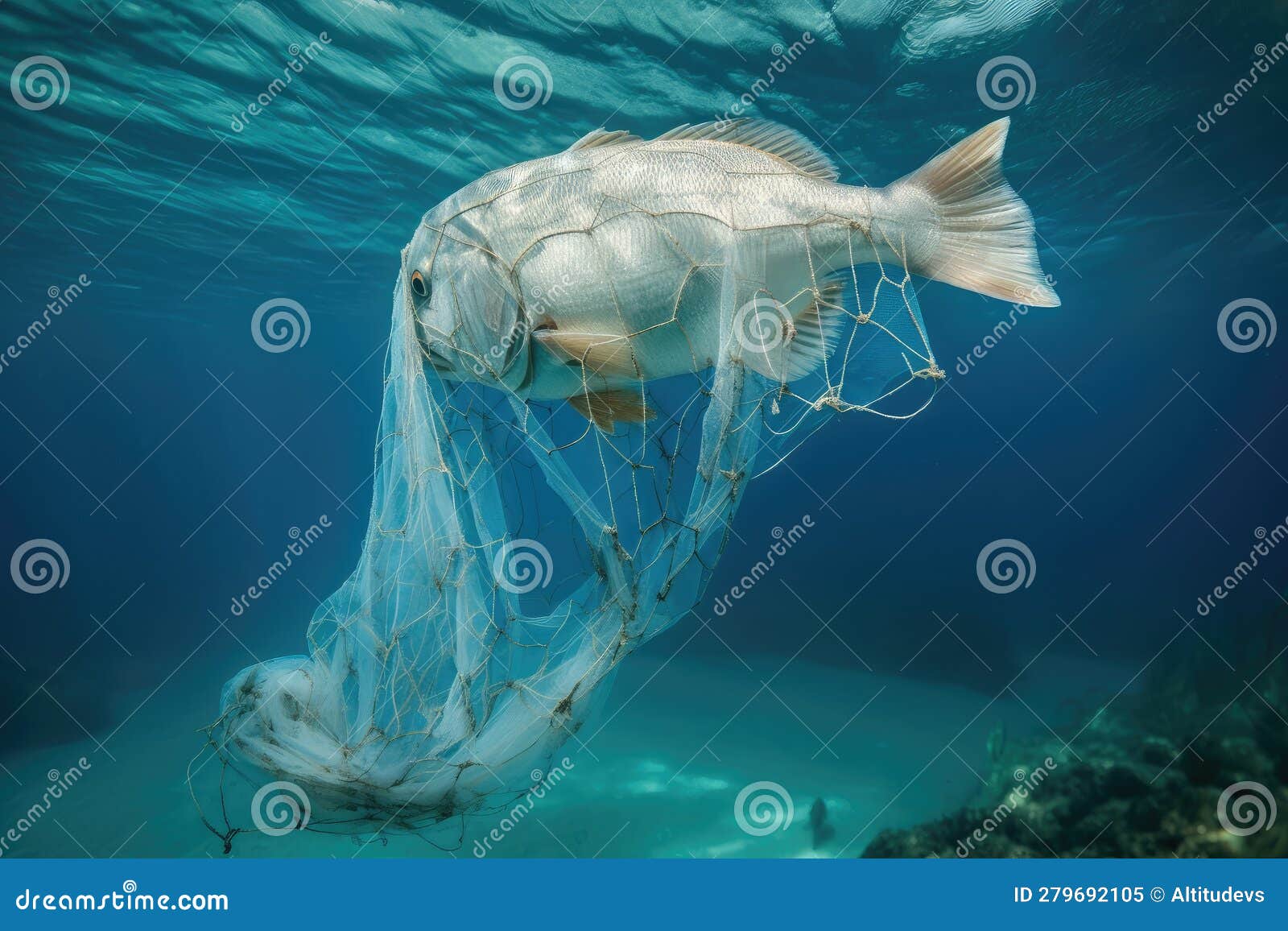 Plastic Bag Caught in Fishing Net, Tangled among Fish Stock