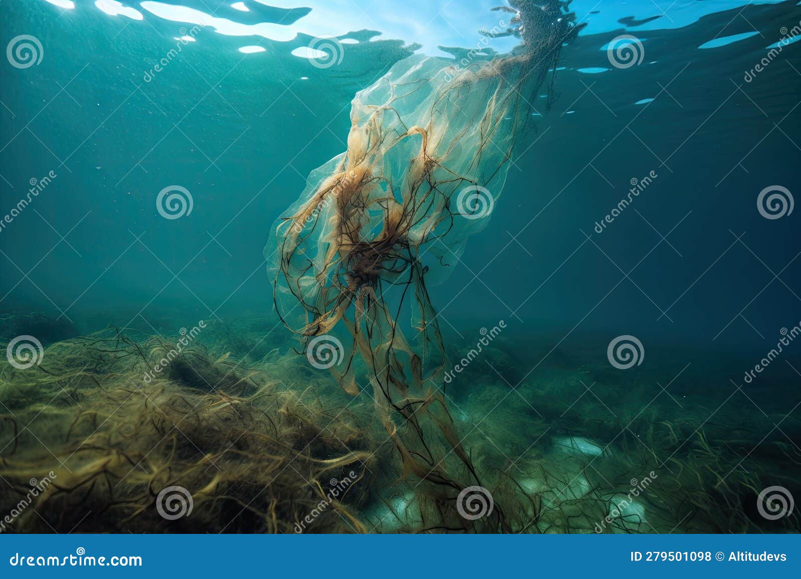Plastic Bag, Tangled in Seaweed on the Ocean Floor Stock Illustration