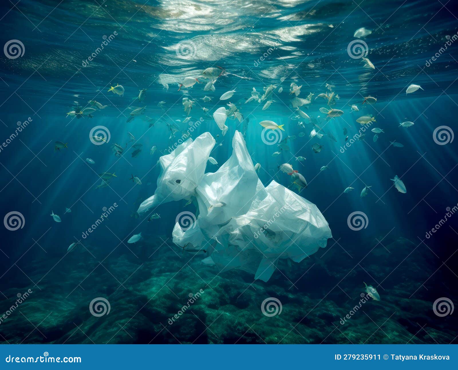 Plastic bag under the sea stock illustration. Illustration of recycle