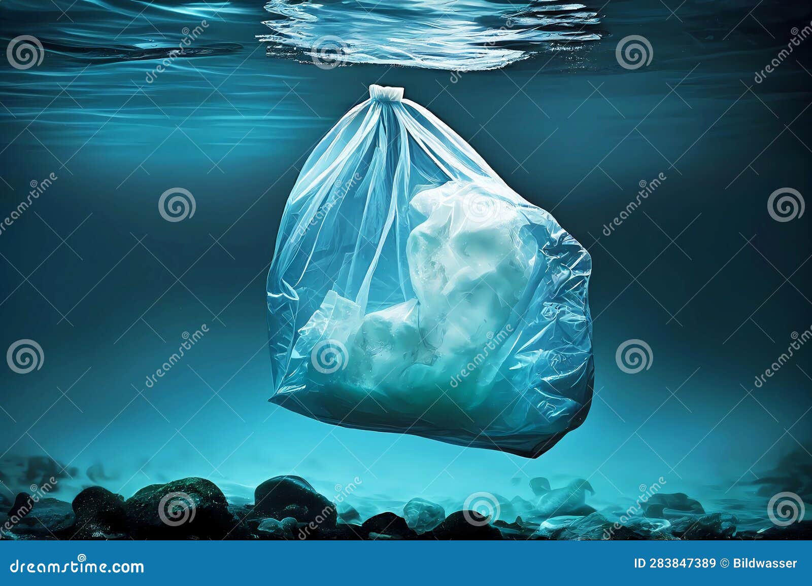Plastic Bag Under the Sea. Generative Ai Design Stock Illustration