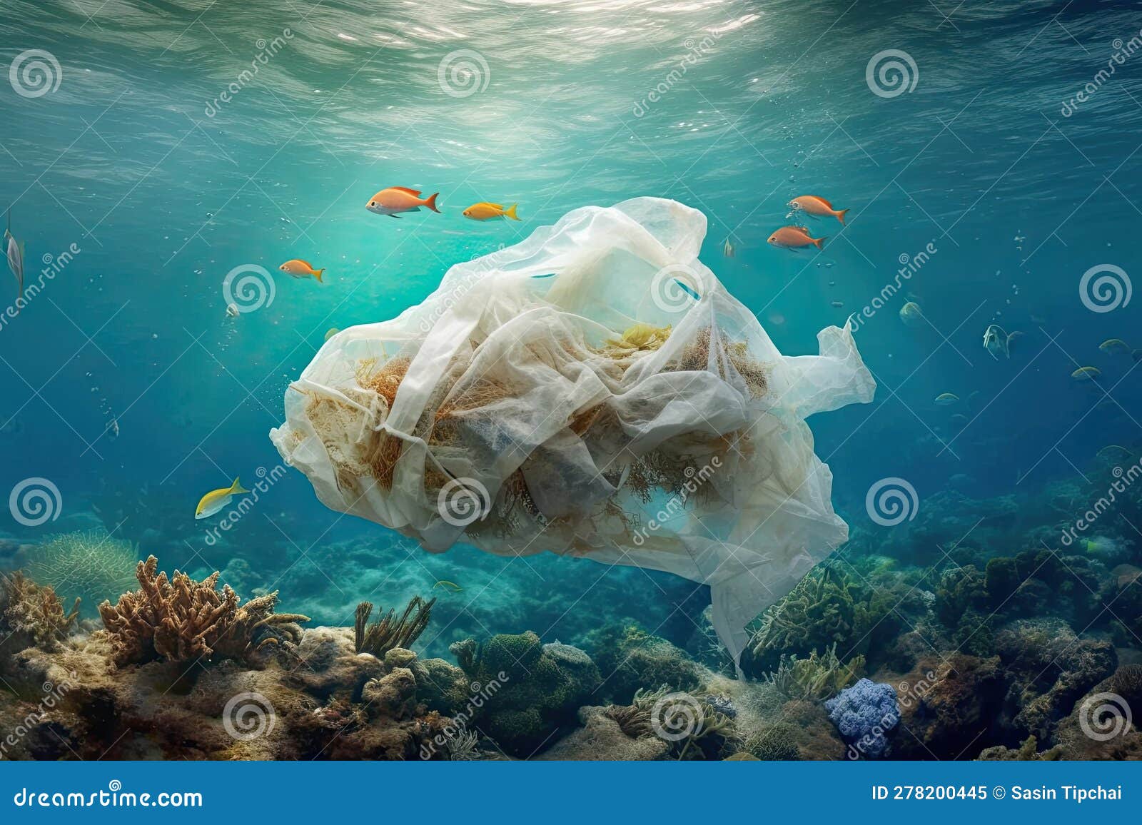 Plastic bag under the sea stock illustration. Illustration of