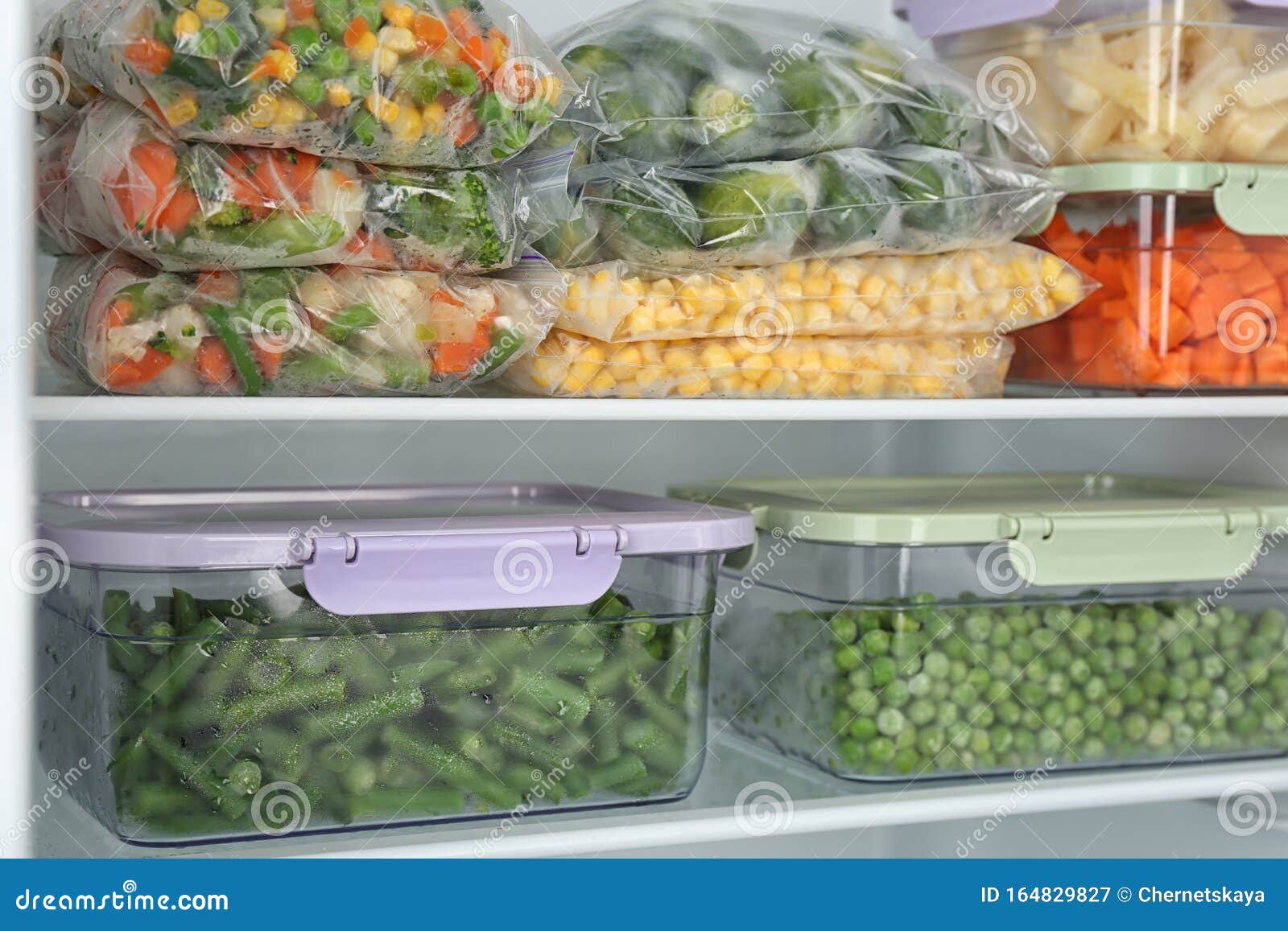 Plastic Bags and Containers with Different Vegetables in Refrigerator